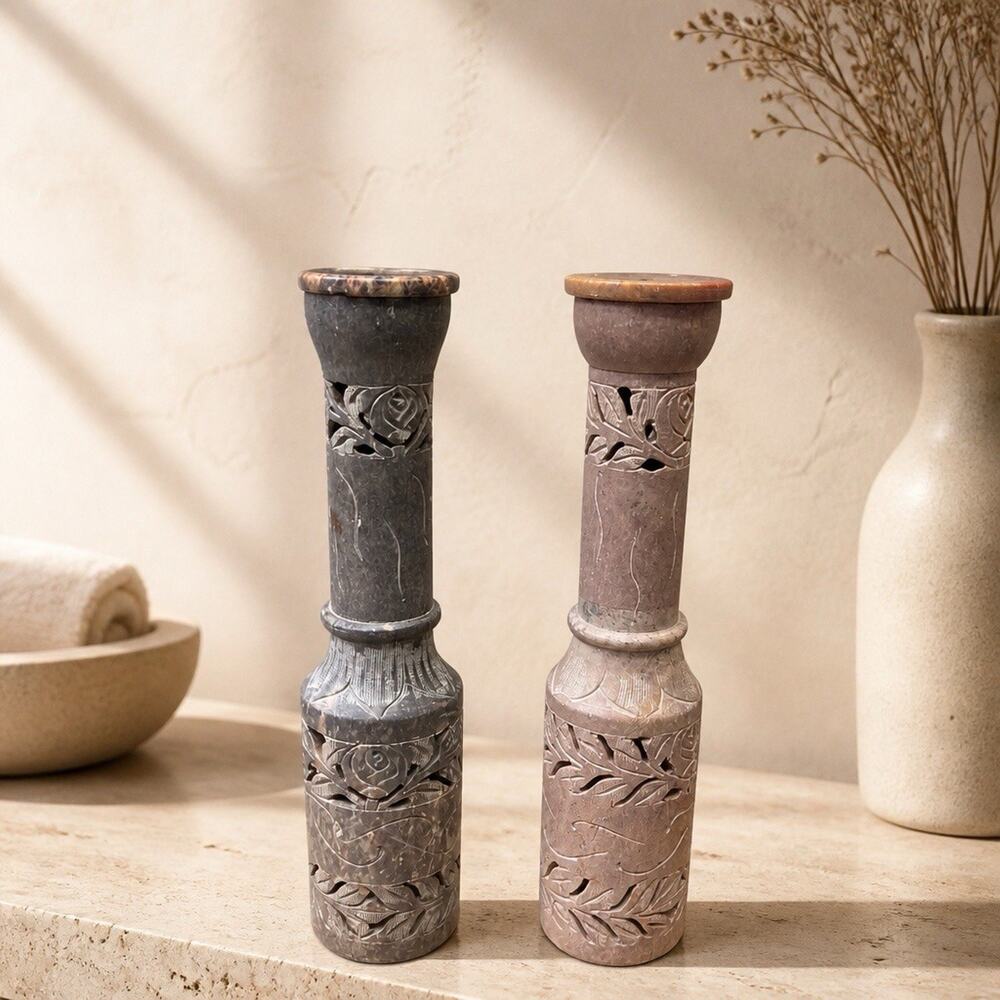 Indian Jali (Jaali) Soapstone OpenWork StoneCarved Incense Tall W/ Lid Lot Of 2